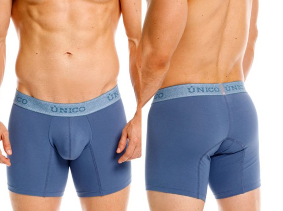 Blue unico boxer briefs with matching elastic waistband featuring light gray brand name for premium comfort and style
