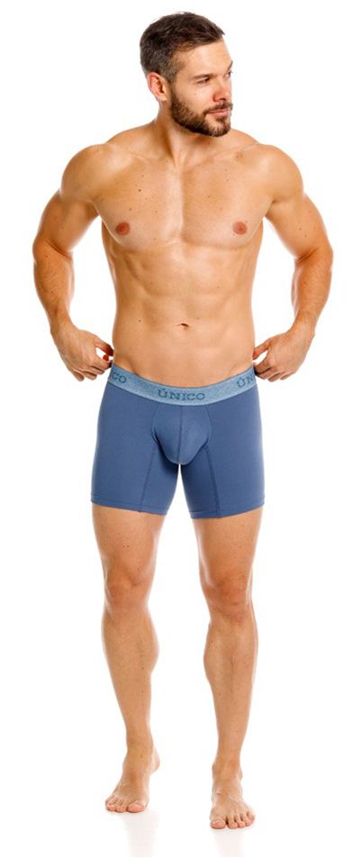 Blue unico classic boxer briefs with light blue waistband featuring brand name in premium comfort teal color