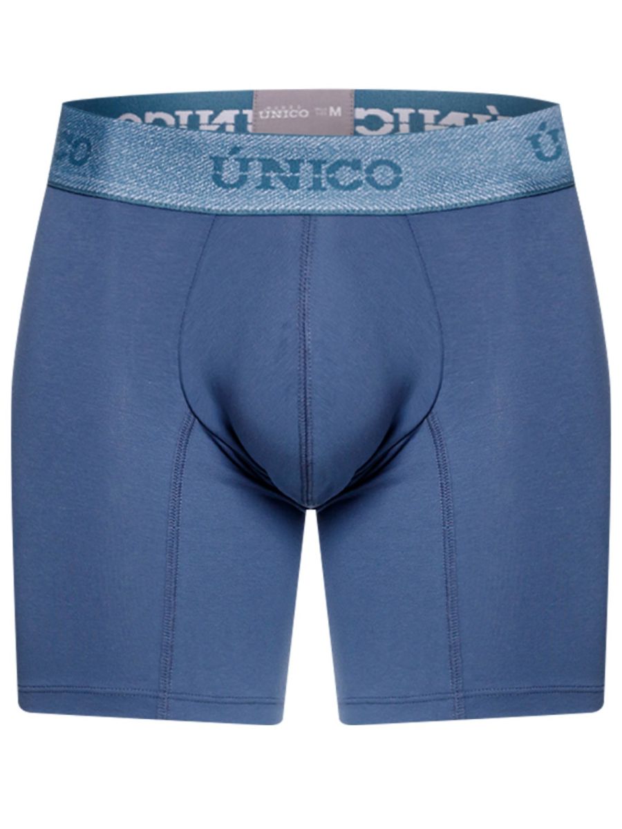 Blue unico men’s classic boxer briefs in teal with textured waistband and matching brand name for premium comfort