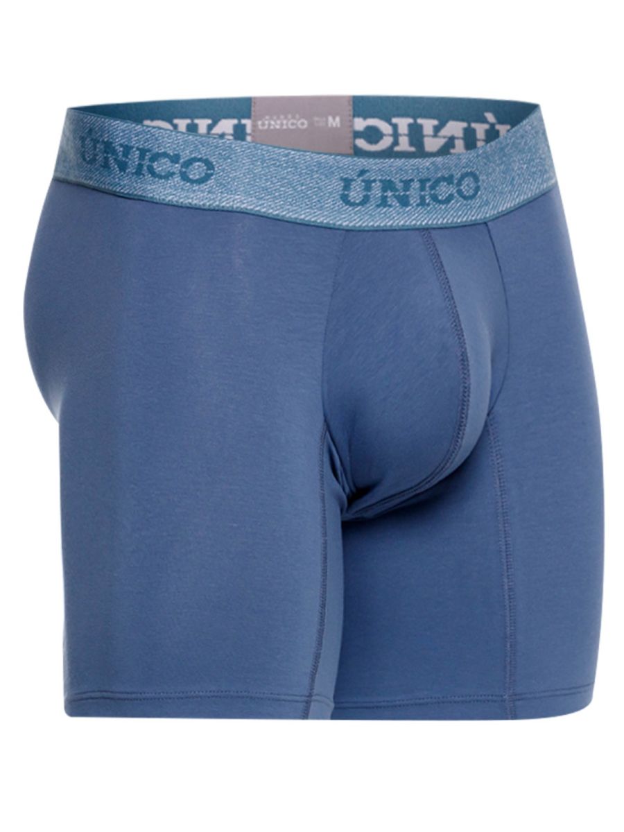 Blue unico men’s classic boxer briefs in teal with textured waistband and matching blue brand lettering for premium comfort