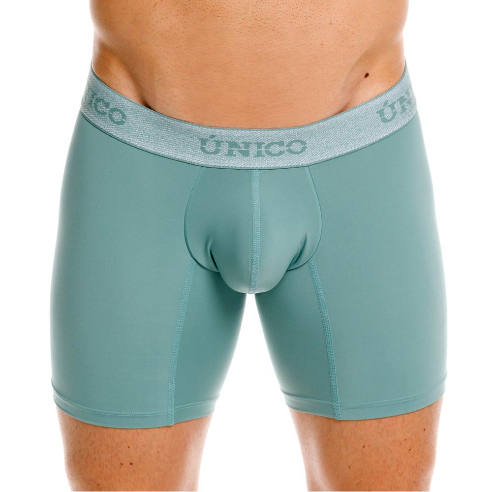 Teal ceramic boxer briefs with a textured gray waistband featuring the único brand logo color 43-green