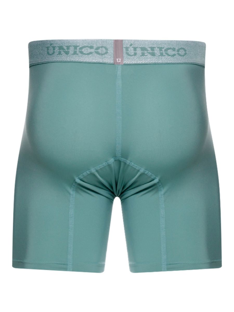 Teal unico ceramic boxer briefs with matching elastic waistband featuring unico logo in gray lettering color 43 green
