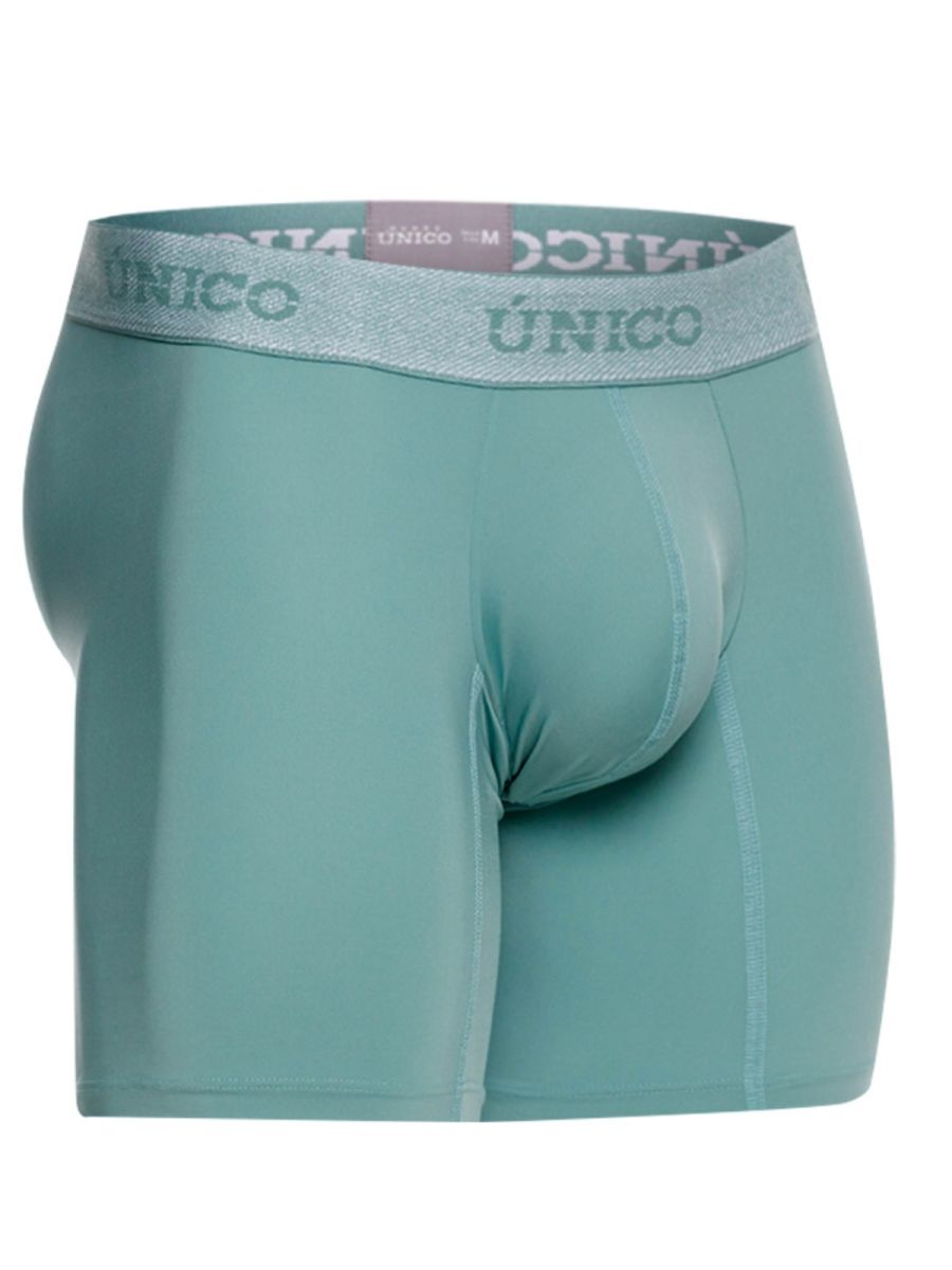 Teal unico ceramic boxer briefs with gray elastic waistband featuring brand name in repeating lettering for men