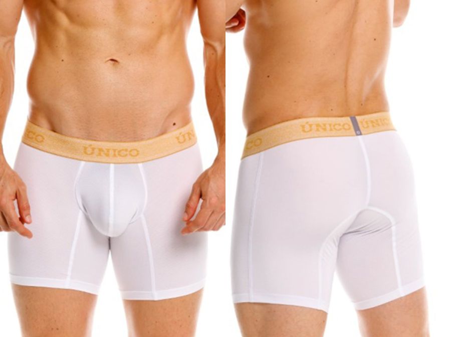 White unico men’s boxer briefs with a tan elastic waistband and gold unico logo offering premium comfort