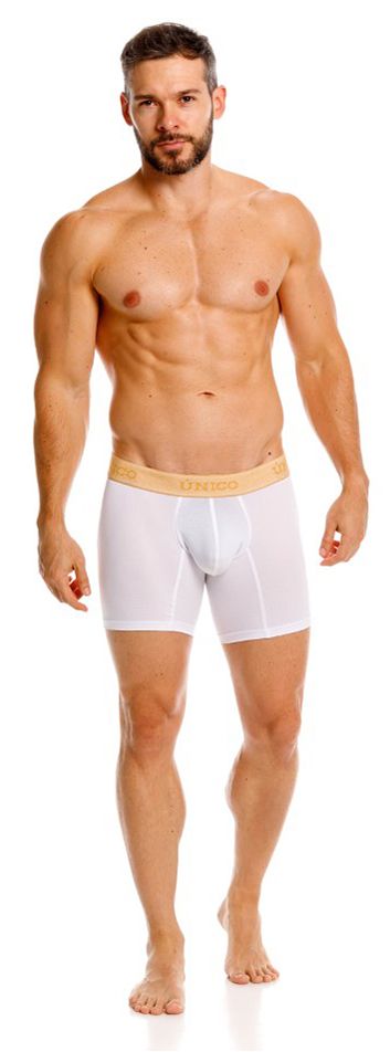 White Unico amber boxer briefs with premium comfort feature a light beige waistband with the brand name