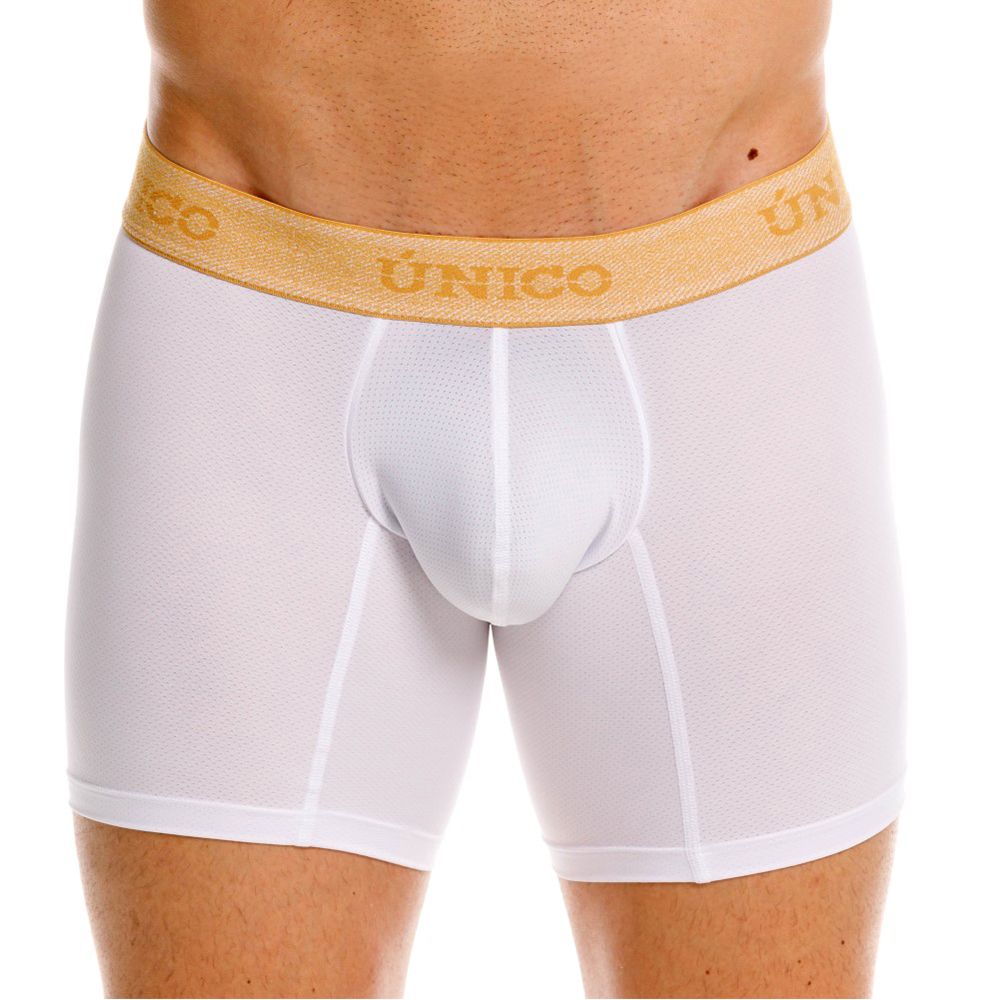 White unico boxer briefs with a gold elastic waistband featuring brand name in gold lettering for premium comfort