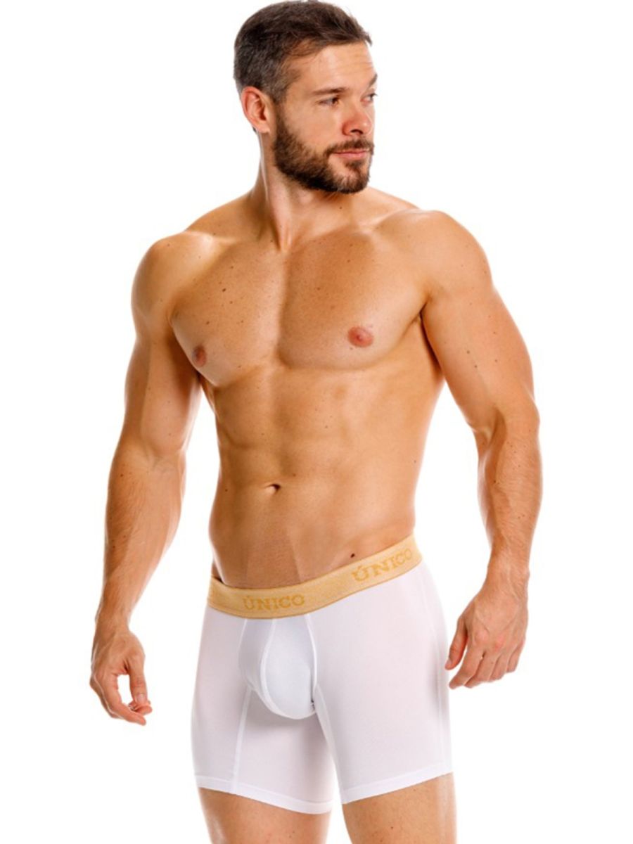 White men’s briefs with a gold amber waistband featuring onco logo premium comfort unico 26040100225 color white