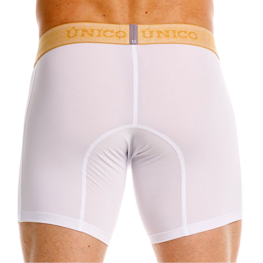 White unico boxer briefs with a gold waistband and matching brand lettering offering premium comfort