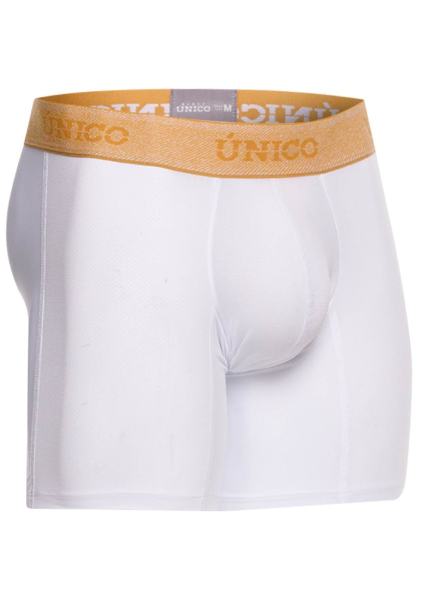 White unico men’s boxer briefs with tan elastic waistband and gold unico branding for premium comfort wear