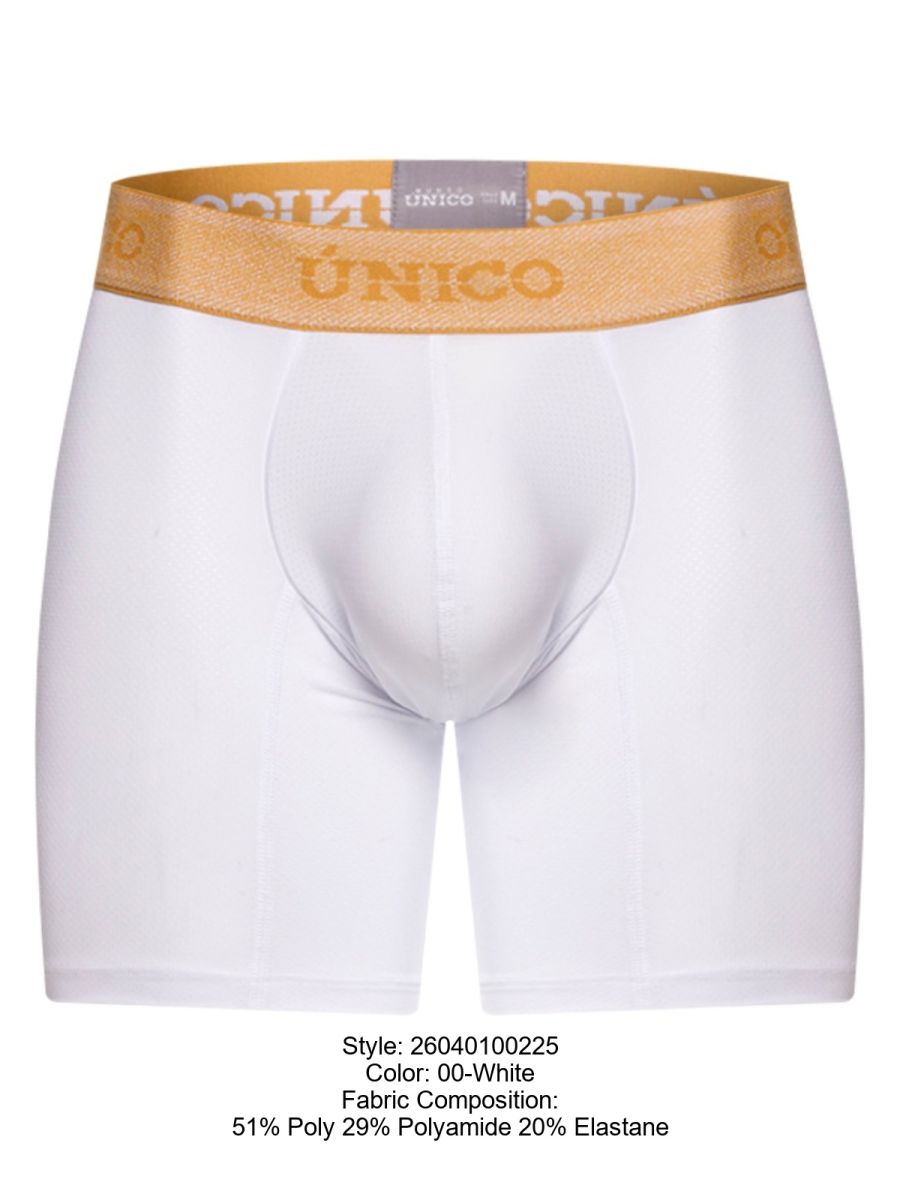 White unico men’s boxer briefs with gold elastic waistband and matching brand name lettering for premium comfort