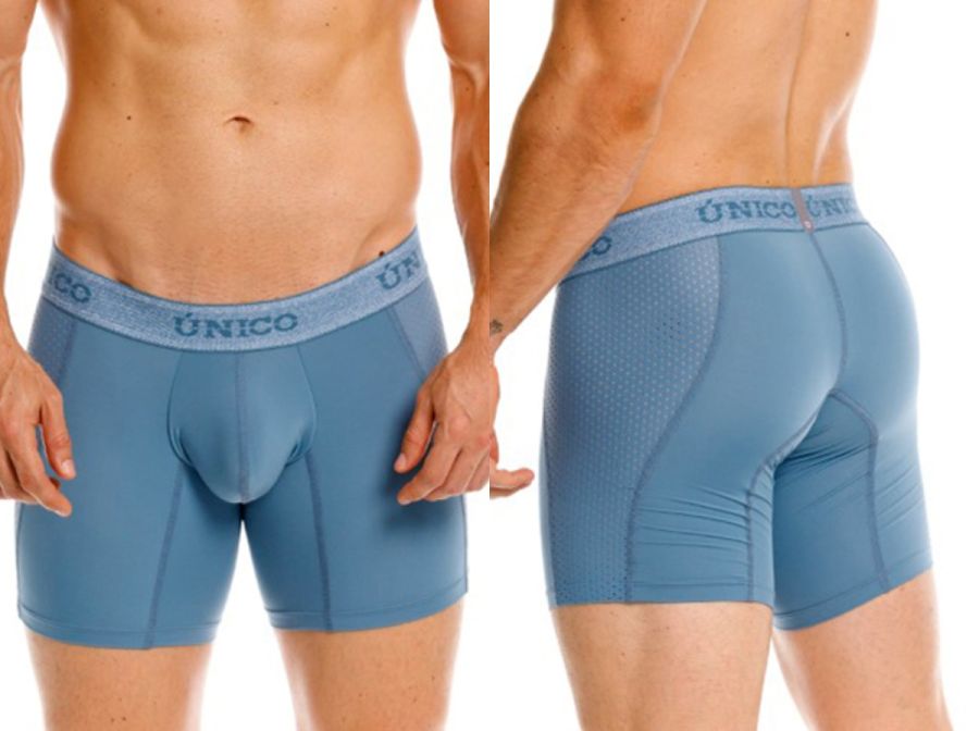 Blue unico men’s boxer briefs with supportive contoured design and branded waistband for premium comfort and fit