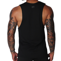 Black sleeveless cotton tank top with dropped armholes, a raw edge finish, and a small logo patch at the nape.