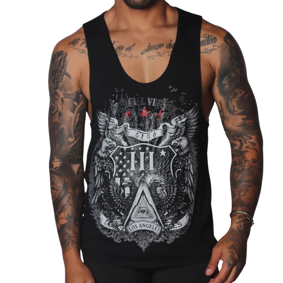 Black tank top with a vintage-style graphic featuring eagles, a pyramid with an eye, and "Gigo Los Angeles" text.
