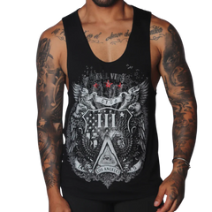 Black tank top with a vintage-style graphic featuring eagles, a pyramid with an eye, and "Gigo Los Angeles" text.