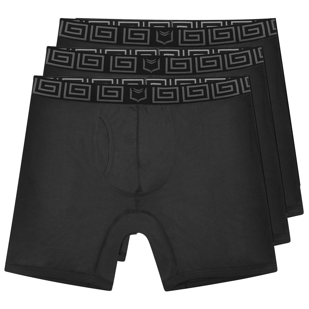 Black sheath v bamboo men’s 8 inch performance boxer briefs with geometric waistband and dual pouch design
