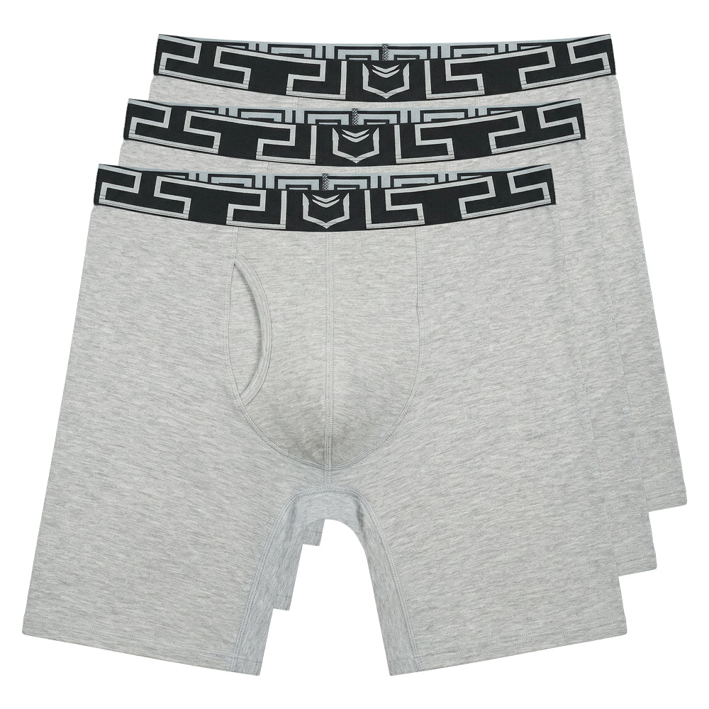 Gray heathered sheath v bamboo men’s 8 inch performance boxer briefs with black white geometric waistband in 3 pack