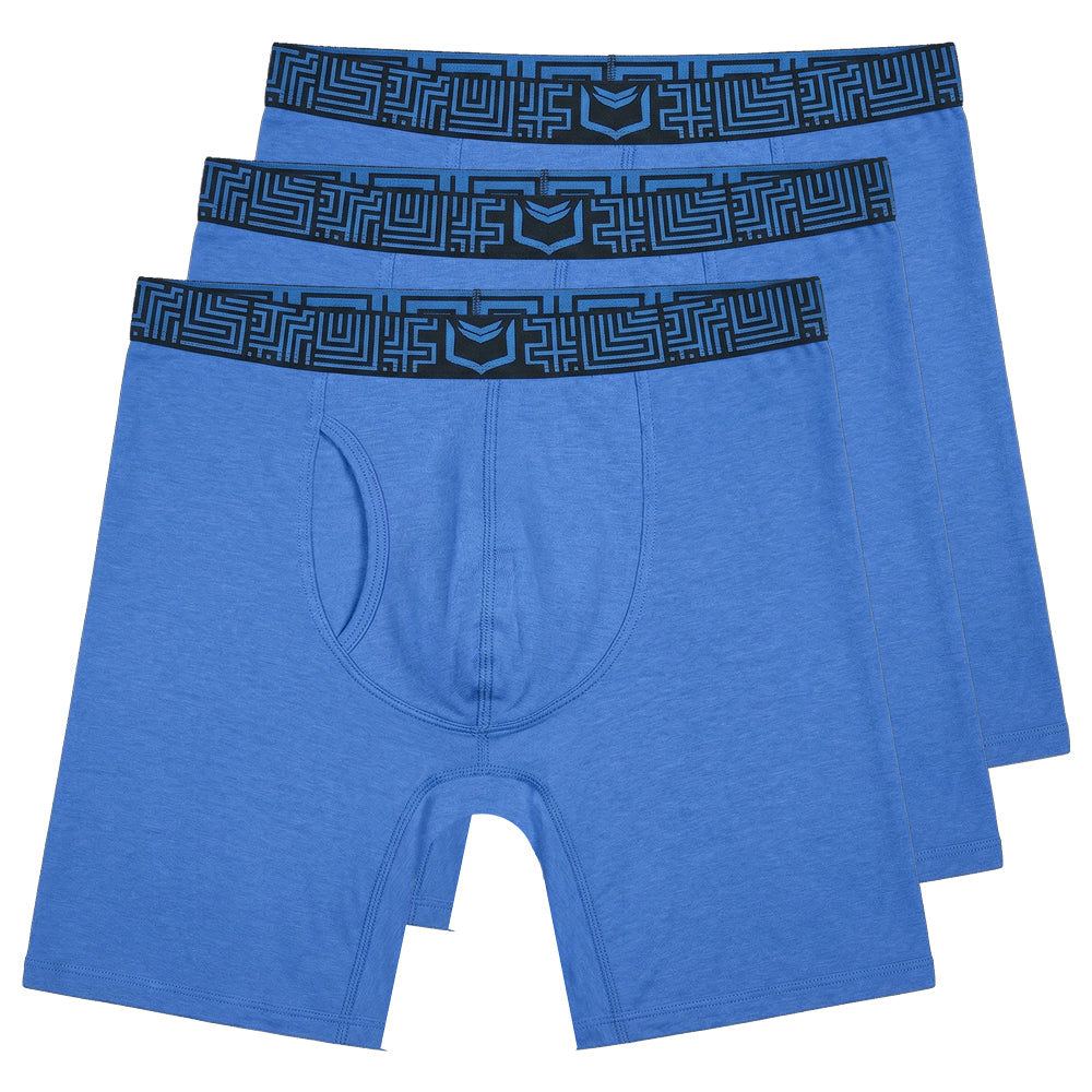 Blue heathered sheath v men’s 8-inch sports performance boxer briefs with black maze waistband and central logo