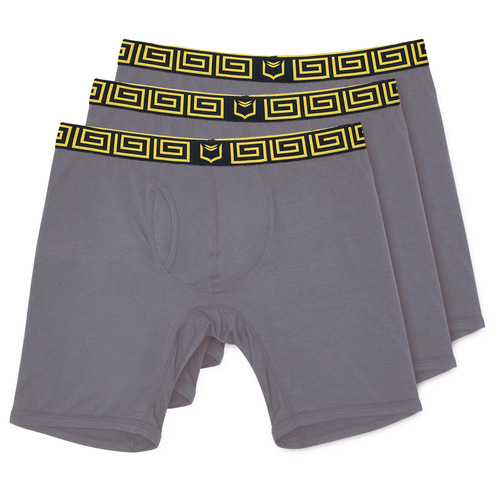 Gray boxer briefs with black and yellow Greek key waistband in SHEATH V men’s 8-inch sports performance 3-pack bundle