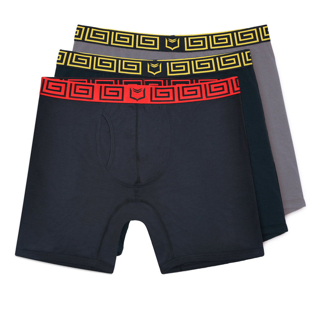 Set of three sheath v men’s 8-inch sports performance boxer briefs in black gray and navy with geometric patterned elastic bands