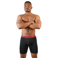 Black sheath v men’s 8-inch sports performance boxer briefs with red geometric waistband in a 3-pack bundle