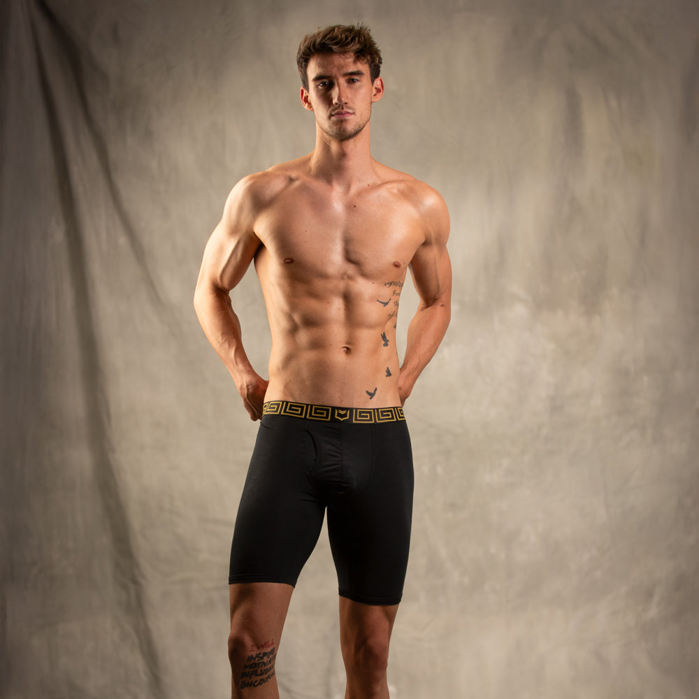 Black sheath v men’s 8-inch sports performance boxer briefs with gold greek key patterned waistband in 3-pack bundle