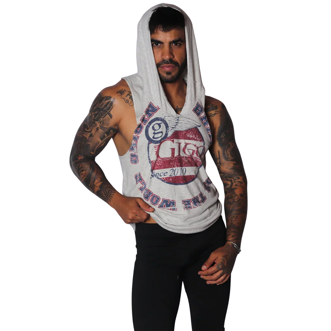 Light gray sleeveless hoodie with a distressed red and blue "Gigo" winged logo graphic on the chest.