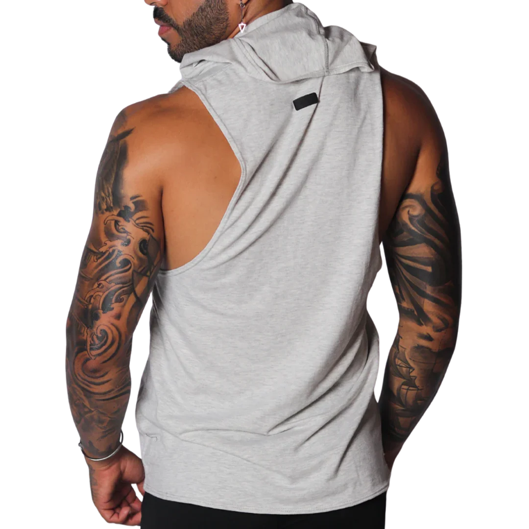 Light gray marl sleeveless hooded tank top with raw-cut wide armholes and a small black logo tab on the back neck.
