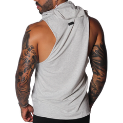 Light gray marl sleeveless hooded tank top with raw-cut wide armholes and a small black logo tab on the back neck.