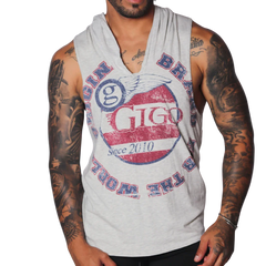 Light gray heathered sleeveless hoodie with a vintage-style red, white, and blue Gigo Wings circular graphic print.