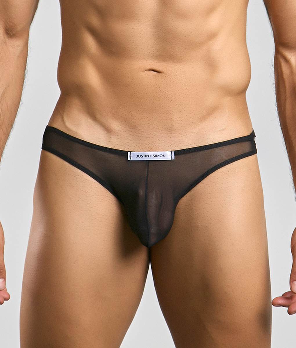 Black sheer mesh briefs with solid black waistband and justin plus simon label from classic mens bikini mesh collection