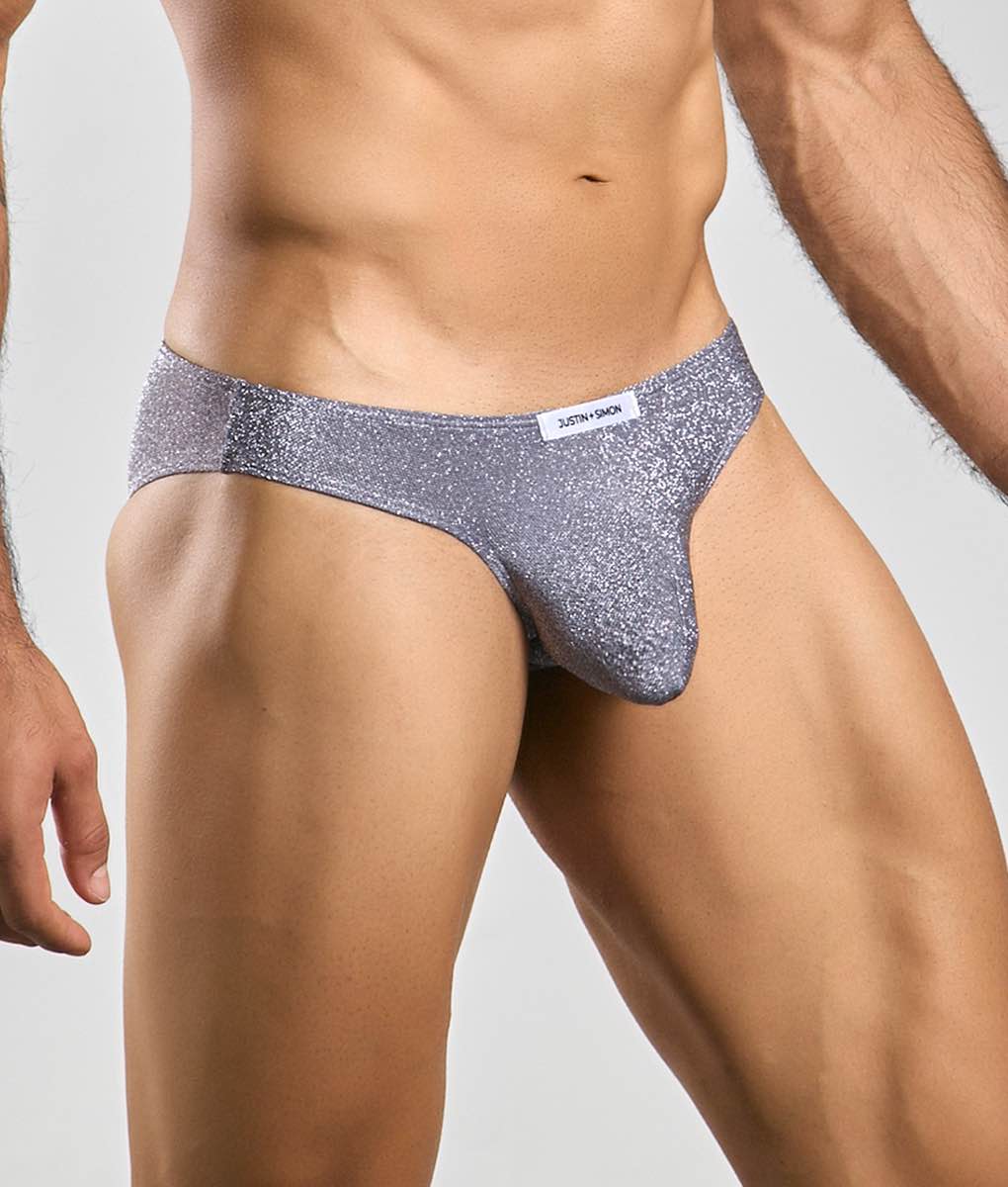 Silver glittery briefs with a snug form-fitting design from justin + simon classic mens bikini collection