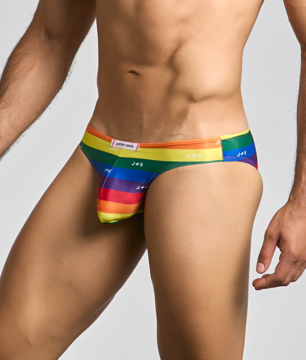 Rainbow-striped men’s briefs with j+s branding and a snug form-fitting design from justin + simon classic mens bikini