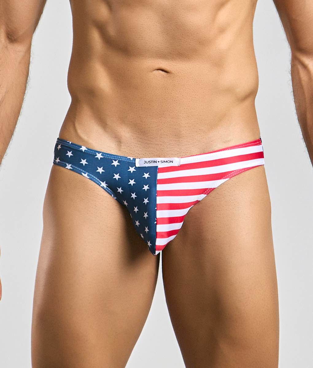 American flag-themed mens briefs by Justin Simon in classic bikini style featuring cotton fabric and vibrant colors