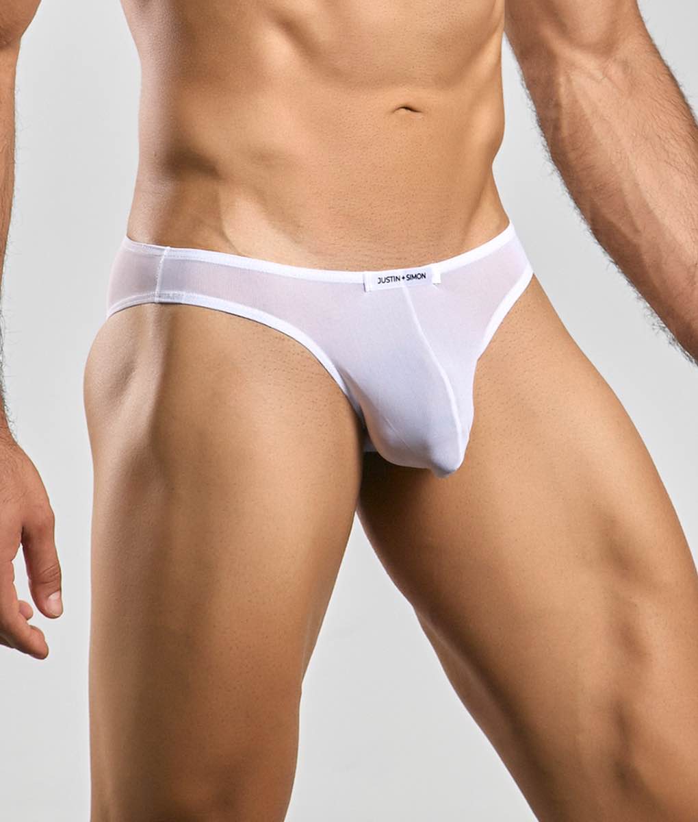White sheer mesh briefs with branded waistband in justin + simon classic mens bikini mesh design front view
