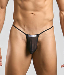 Black sheer mesh thong with thin elastic straps and white justin plus simon label front classic g-string bulge mesh