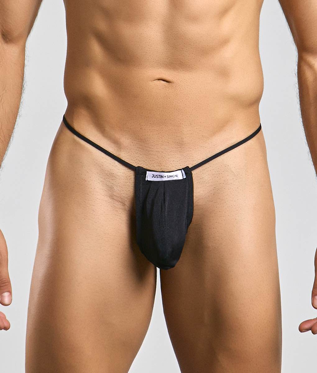 Black justin simon classic g-string bulge with thin elastic straps and gathered fabric pouch front view