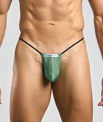 Green satin classic g-string bulge with black elastic straps and white justin simon label