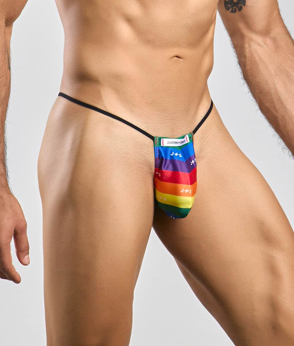 Justin Simon classic g-string bulge rainbow-striped fabric thong with black elastic waistband and justin brand label