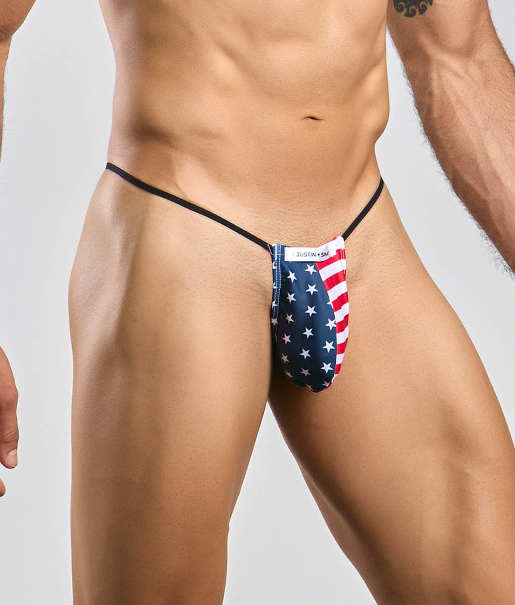 American flag patterned thong with black elastic straps and justin brand label in the classic g string bulge style
