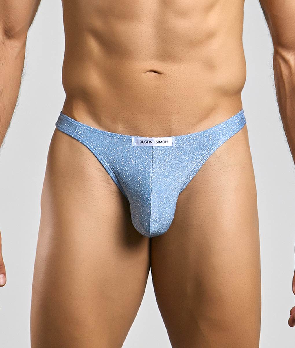 Light blue glittery thong by Justin Simon made of sparkly fabric in the Justin plus Simon Classic Tanga collection