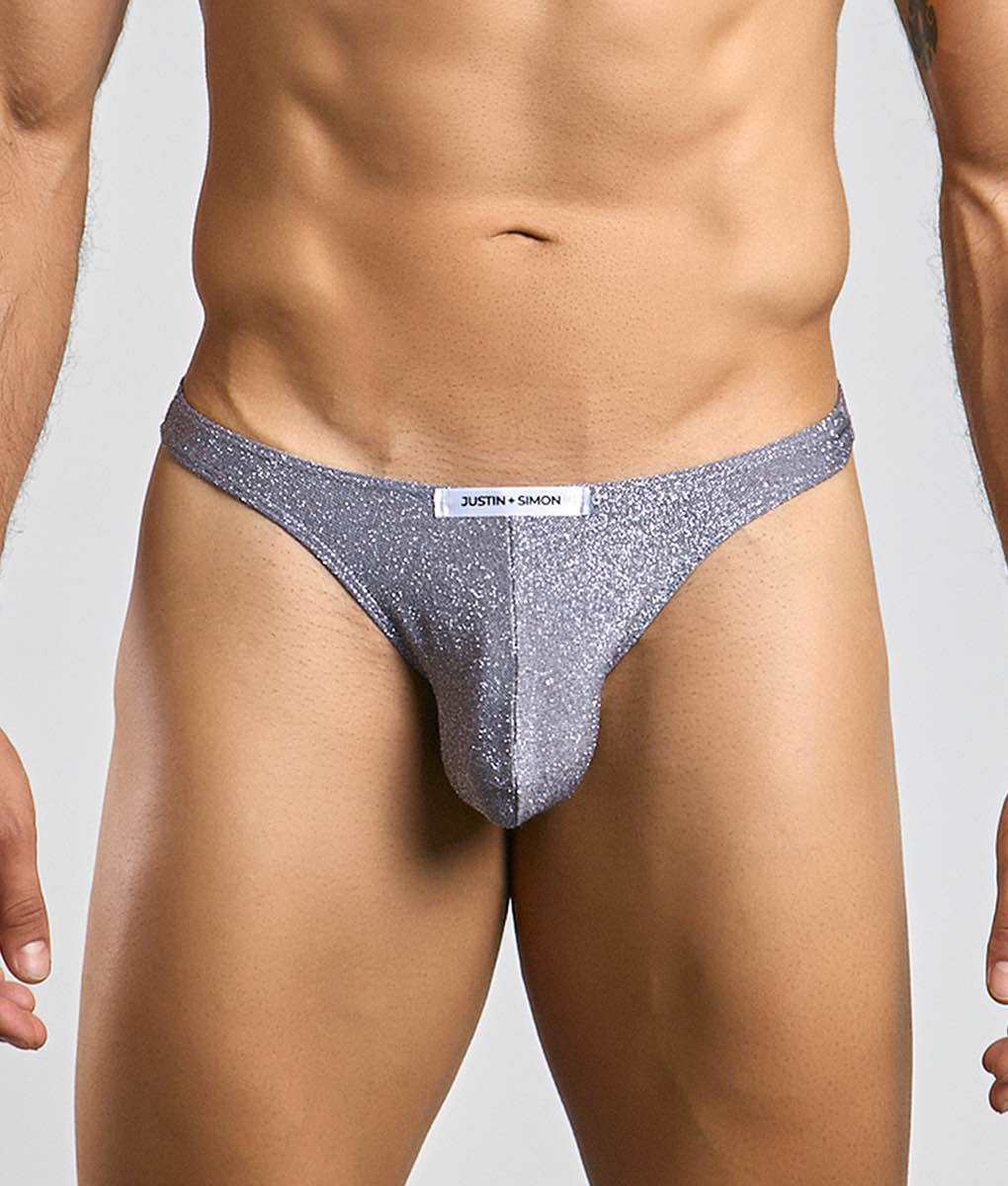 Silver glittery thong from justin simon classic tanga showcasing shiny metallic fabric and minimal coverage back view