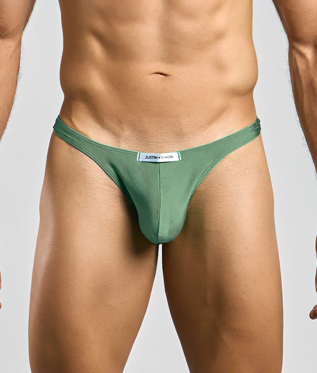 Justin + Simon classic tanga olive green thong in smooth fabric with minimalist design and small white waistband label