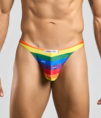 Rainbow-striped men’s thong by justin + simon featuring bold vibrant colors and a sleek form-fitting design