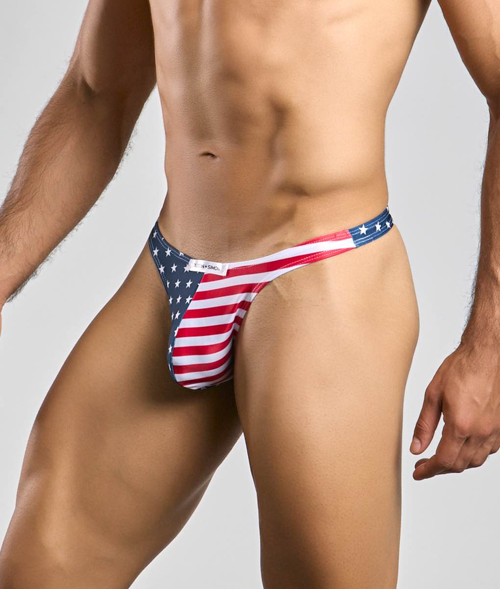 Justin + Simon classic tanga thong in red white and blue stretchy fabric with American flag design shown from the back