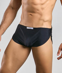 Black justin simon running short athletic briefs with a sleek form fitting design and subtle side slit