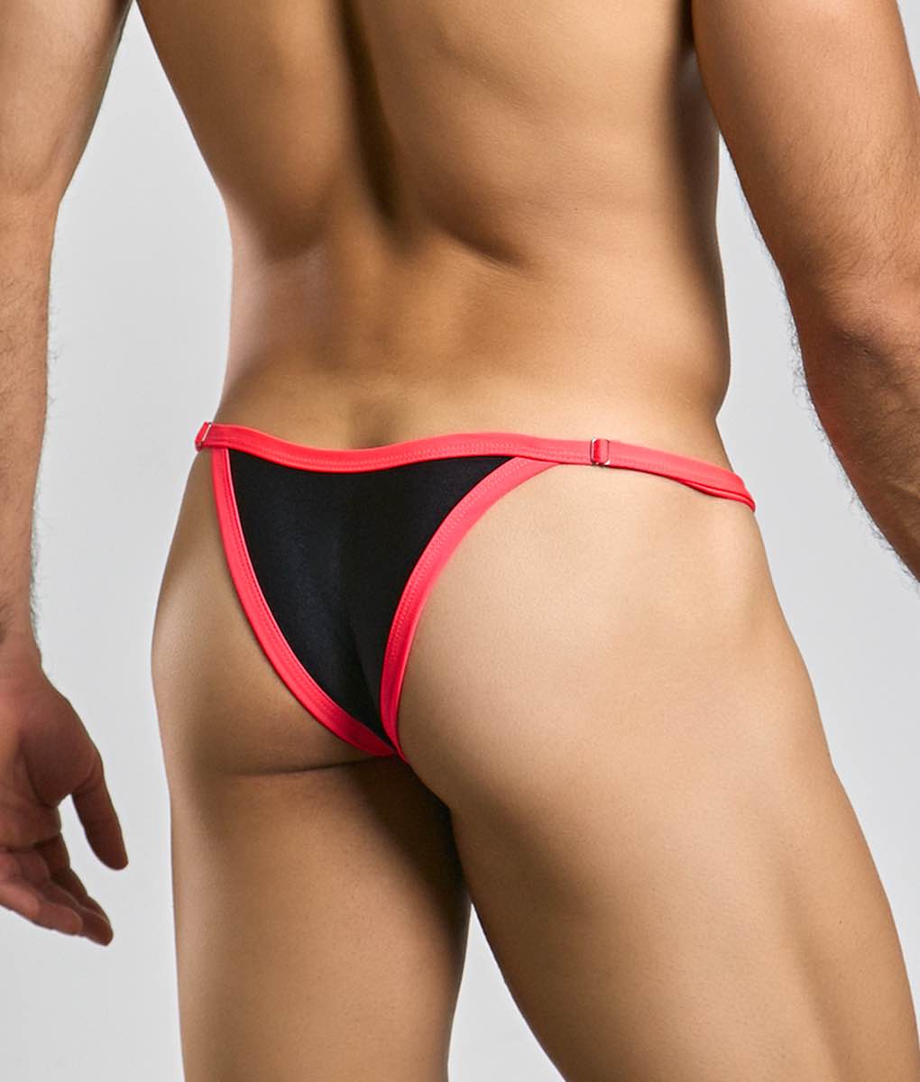 Black and pink Justin plus Simon bikini one thong with snug form-fitting design shown from the back side