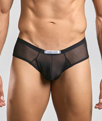 Black sheer mesh briefs with solid black waistband and white justin + simon label from cheek mesh collection