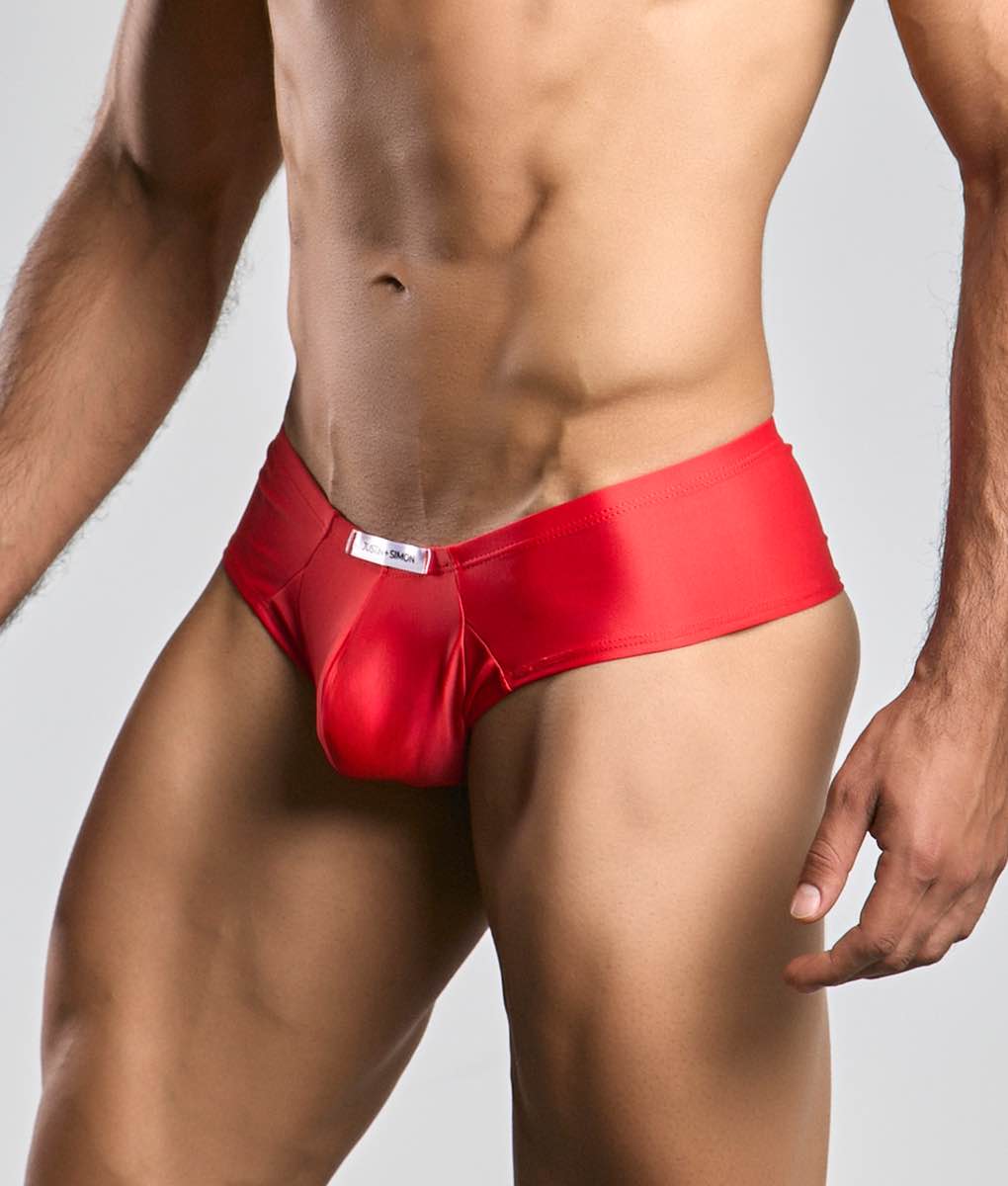 Vibrant red satin briefs justin + simon cheek with sleek form-fitting design and small white waistband label