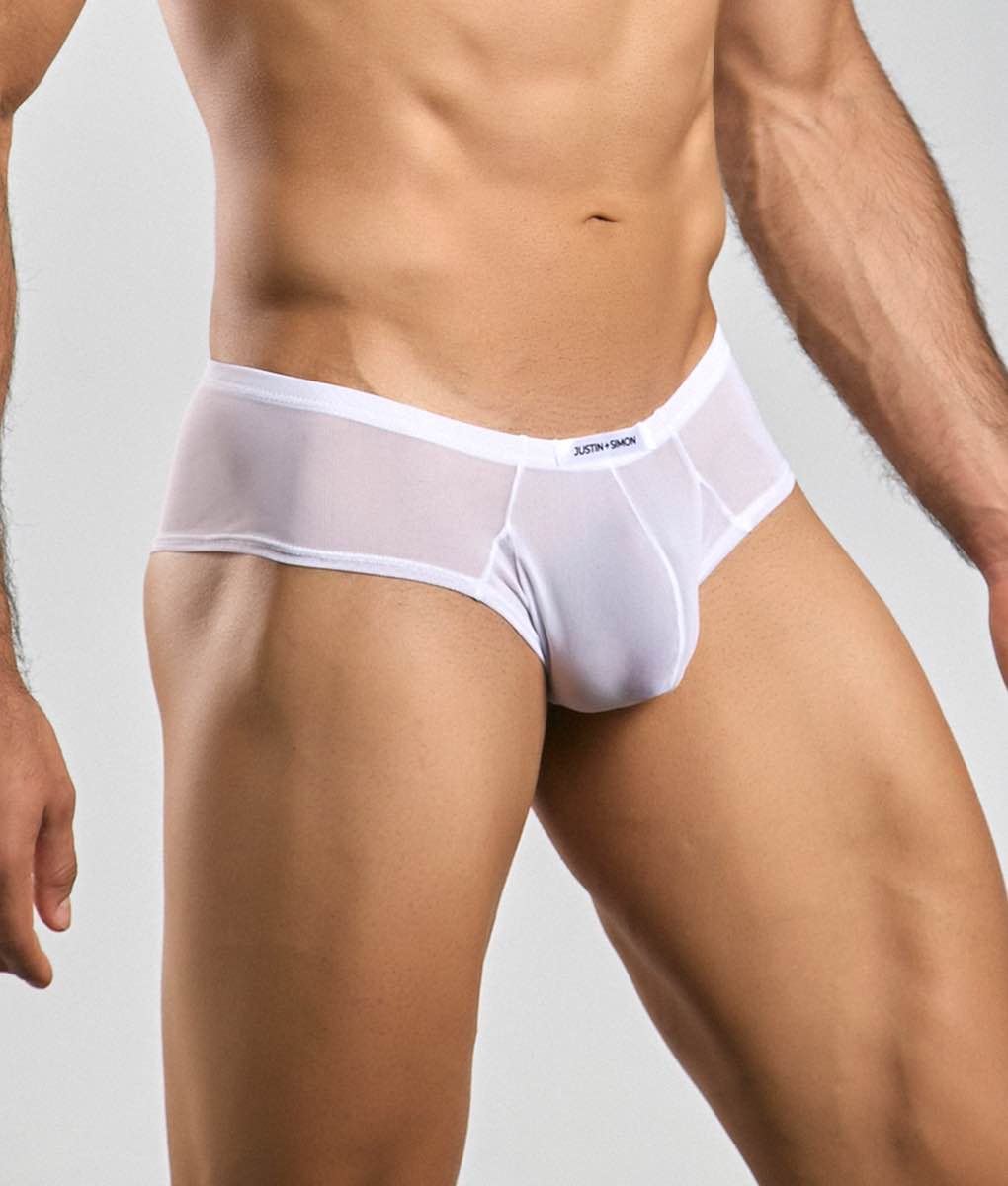 White sheer mesh briefs with white elastic waistband and justin james brand label from justin simon cheek mesh line