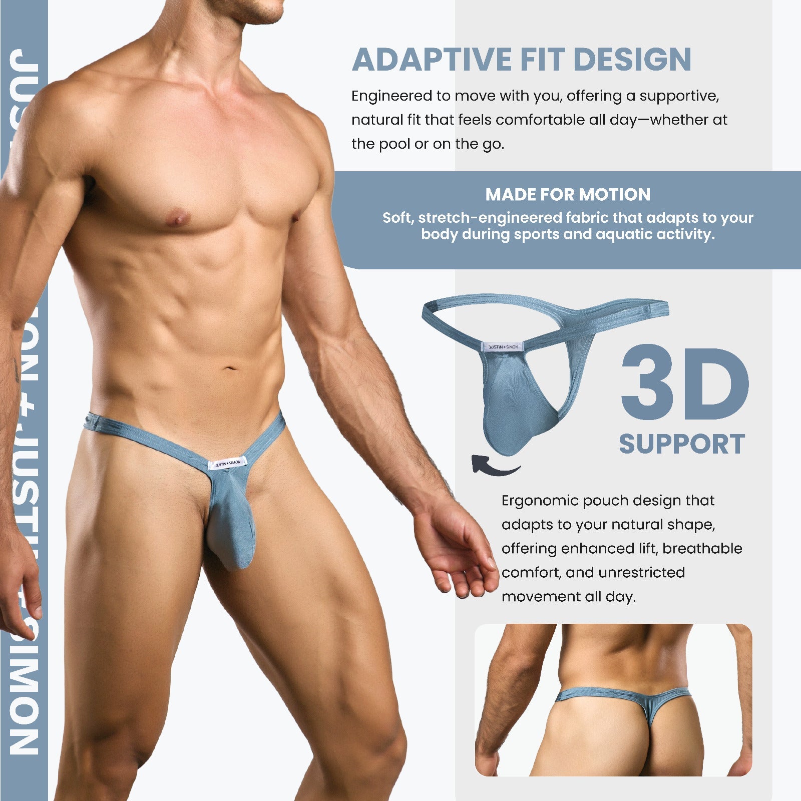Blue justin + simon bulge thong adaptive-fit athletic briefs with 3d support and stretch-engineered fabric for motion